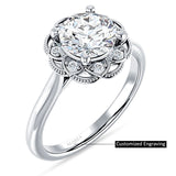 14K Gold IGI Certified Round 3 Carat Lab Grown Diamond Art Deco Floral Ring