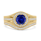 Two Piece Round Halo Split Shank Beaded Gold Ring
