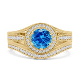 Two Piece Round Halo Split Shank Beaded Gold Ring
