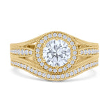 Two Piece Round Halo Split Shank Bridal Gold Ring