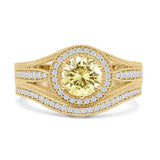Two Piece Round Halo Split Shank Beaded Gold Ring
