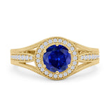 Round Halo Split Shank Beaded Gold Ring