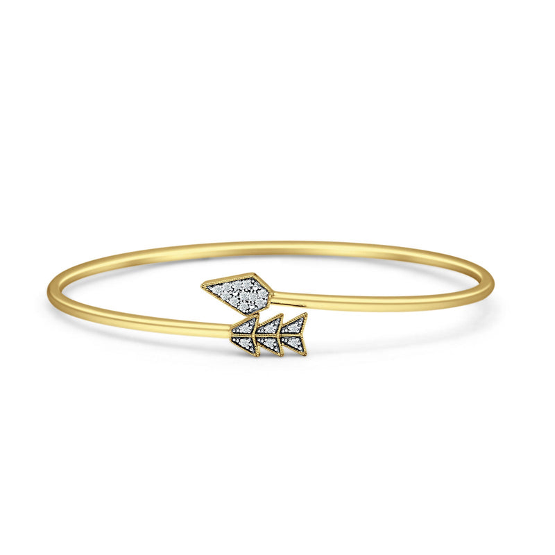 14K Gold Arrow Feather Cuff 2.06mm Adjustable Bangle Bracelet Natural Diamond