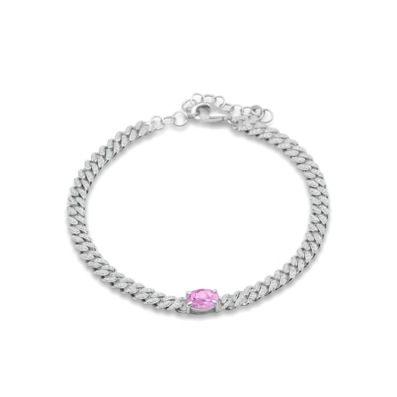 14K White Gold Oval Pink Sapphire Cluster Natural Diamond Cuban Link Chain Bracelet