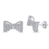Ribbon Bow Knot Stud Earrings 8mm Cluster Cubic Zirconia 925 Sterling Silver