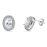 Vintage Style 10mm Oval Stud Earring Halo Cubic Zirconia 925 Sterling Silver