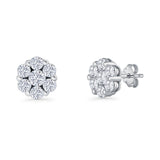 Minimalist 9mm Floral Stud Earrings Cluster Cubic Zirconia 925 Sterling Silver