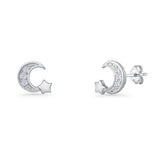 Minimalist 10mm Crescent Moon & Star Stud Earrings Cubic Zirconia 925 Sterling Silver