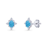 Floral Oval Stud Earring Lab Created White Opal  925 Sterling Silver