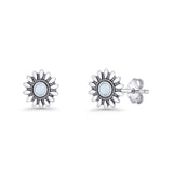 Sunflower Stud Earring 8.6mm Lab Created Opal Oxidized 925 Sterling Silver