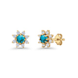 Minimalist 8.2mm Floral Stud Earrings Turquoise & Cubic Zirconia 925 Sterling Silver