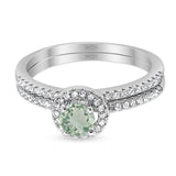 Two Piece Round Natural Green Amethyst Prasiolite Wedding Set Ring 925 Sterling Silver