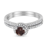 Two Piece Round Natural Chocolate Smoky Quartz Wedding Set Ring 925 Sterling Silver