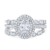 Three Piece Oval Moissanite Double Halo CZ Ring 925 Sterling Silver