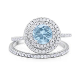 Two Piece Round Natural Aquamarine Double Halo Ring 925 Sterling Silver
