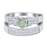 Two Piece Round Natural Green Amethyst Prasiolite Cluster Bridal Ring 925 Sterling Silver