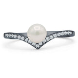 Pearl & CZ Curved Contour Chevron Ring Oxidized 925 Sterling Silver