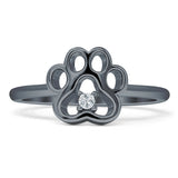 Dog Puppy 9mm Paw Print Solitaire Ring Cubic Zirconia 925 Sterling Silver