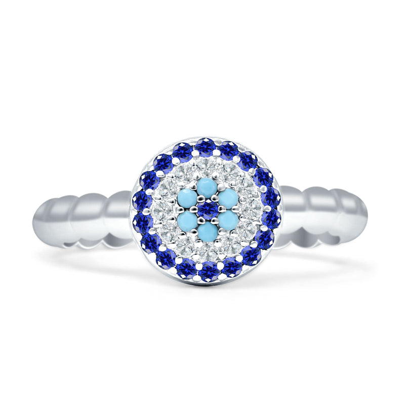 Round Evil Eye Blue CZ & Cubic Zirconia Beaded Ring 925 Sterling Silver