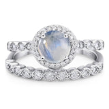 Two Piece Round Natural Stone Wedding Set Ring
