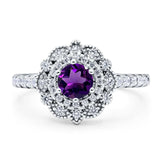 Floral Round Natural Amethyst Halo Wedding Ring 925 Sterling Silver