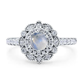 Floral Round Natural Moonstone Halo Wedding Ring 925 Sterling Silver
