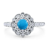 Floral Round Genuine Natural Arizona Sleeping Beauty Turquoise Halo Wedding Ring 925 Sterling Silver