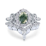 Oval Natural Stone Wedding Set Chevron Ring