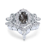 Oval Natural Stone Wedding Set Chevron Ring