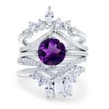 Three Piece Round Natural Amethyst Cocktail Bridal Set Ring 925 Sterling Silver