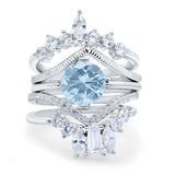 Three Piece Round Natural Aquamarine Cocktail Bridal Set Ring 925 Sterling Silver
