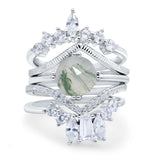 Three Piece Round Natural Green Moss Agate Cocktail Bridal Set Ring 925 Sterling Silver
