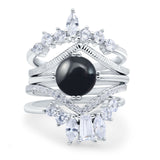 Three Piece Round Natural Black Onyx Cocktail Bridal Set Ring 925 Sterling Silver