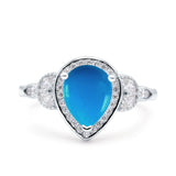 Pear Teardrop Genuine Natural Arizona Sleeping Beauty Turquoise Leaf Halo Floral Ring 925 Sterling Silver