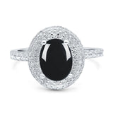 Oval Natural Black Onyx Double Halo CZ Ring 925 Sterling Silver