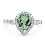 Pear Teardrop Natural Green Amethyst Prasiolite Halo Wedding Ring 925 Sterling Silver