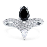Art Deco Pear Teardrop Natural Black Onyx Chevron Ring 925 Sterling Silver