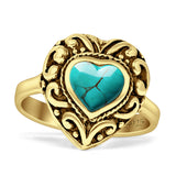 Art Deco 15mm Heart Turquoise Filigree Promise Rings Oxidized 925 Sterling Silver