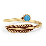 Minimalist 8.4mm Round Lab Created Blue Opal Feather Ring Oxidized 925 Sterling Silver