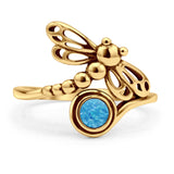 Round Lab Created Blue Opal Filigree Dragonfly Ring Oxidized 925 Sterling Silver