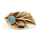 Round Turquoise 11.5mm Feather Leaf Ring Oxidized 925 Sterling Silver