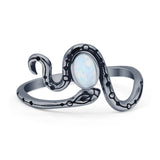 Minimalist 11.8mm Oval Lab Created White Opal Snake Ring Oxidized 925 Sterling Silver
