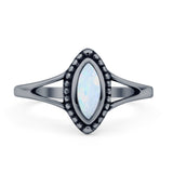 Marquise 11.6mm Lab Created White Opal Beaded Ring Oxidized 925 Sterling Silver