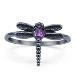 Vintage Style 13mm Round Amethyst CZ Dragonfly Ring 925 Sterling Silver
