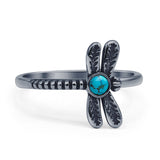 Vintage Style 13mm Round Turquoise Dragonfly Ring 925 Sterling Silver