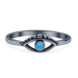Minimalist 5.4mm Round Lab Created Blue Opal Evil Eye Ring Oxidized 925 Sterling Silver