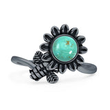 Minimalist 17mm Turquoise Flower & Bee Oxidized Ring 925 Sterling Silver