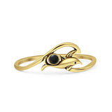 Minimalist 7.4mm Round Black Onyx Dolphin & Wave Ring Oxidized 925 Sterling Silver