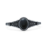 Minimalist 7.4mm Oval Black Onyx Floral Ring Oxidized 925 Sterling Silver