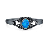 Lab Created Blue Opal Filigree Ring Oxidized 925 Sterling Silver